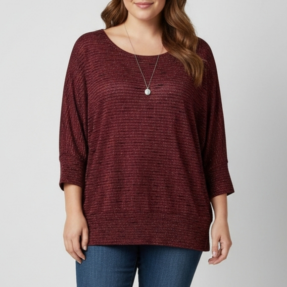 by & by Tops - By & By Women's Burgundy Red 3/4 Sleeve Shimmery Semi-Sheer Top Size XL